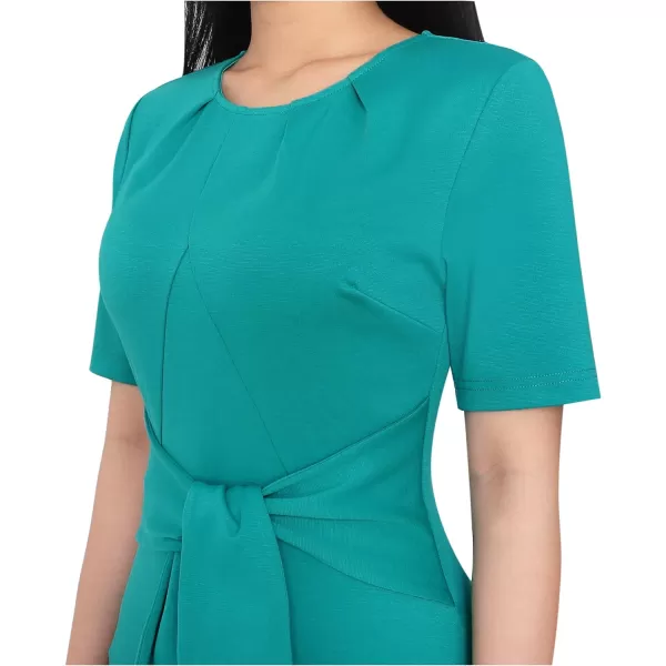 VFSHOW Womens Pleated Crew Neck Tie Waist Slim Wear to Work Office Party Bodycon Pencil DressLight Green2