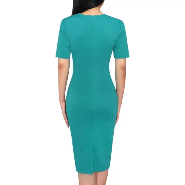 VFSHOW Womens Pleated Crew Neck Tie Waist Slim Wear to Work Office Party Bodycon Pencil DressLight Green2