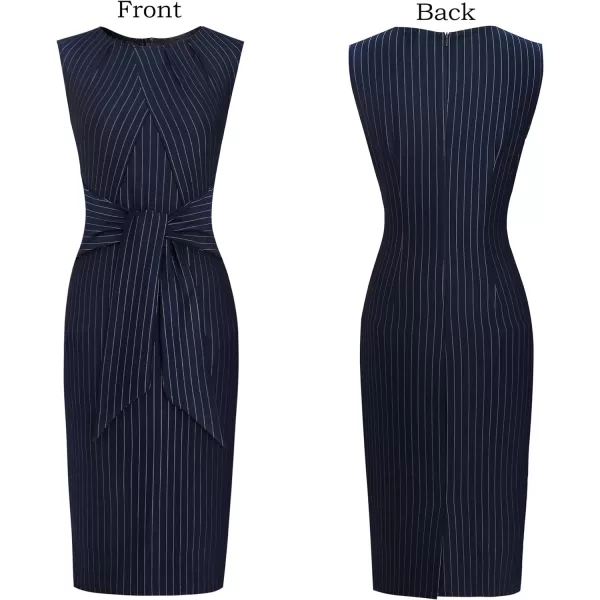 VFSHOW Womens Pleated Crew Neck Tie Waist Slim Wear to Work Office Party Bodycon Pencil DressNavy Blue and White Stripe