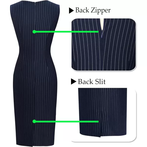 VFSHOW Womens Pleated Crew Neck Tie Waist Slim Wear to Work Office Party Bodycon Pencil DressNavy Blue and White Stripe