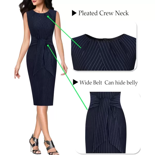 VFSHOW Womens Pleated Crew Neck Tie Waist Slim Wear to Work Office Party Bodycon Pencil DressNavy Blue and White Stripe