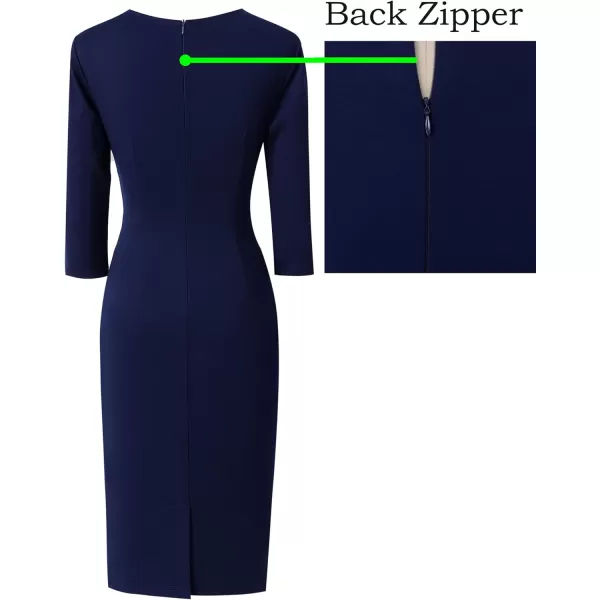 VFSHOW Womens Pleated Crew Neck Tie Waist Slim Wear to Work Office Party Bodycon Pencil DressNavy Blue34 Sleeve