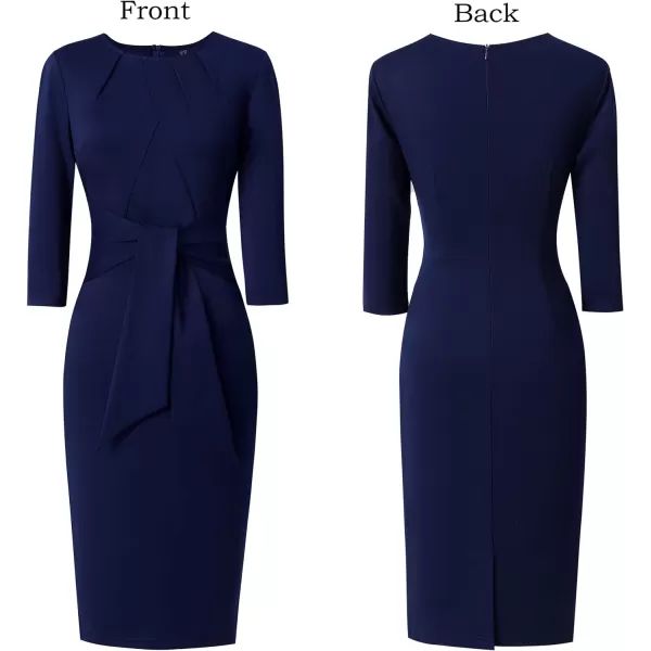 VFSHOW Womens Pleated Crew Neck Tie Waist Slim Wear to Work Office Party Bodycon Pencil DressNavy Blue34 Sleeve