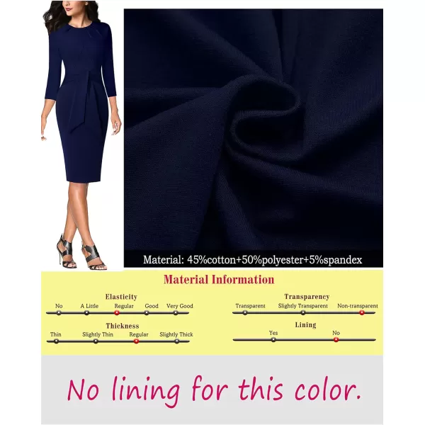 VFSHOW Womens Pleated Crew Neck Tie Waist Slim Wear to Work Office Party Bodycon Pencil DressNavy Blue34 Sleeve