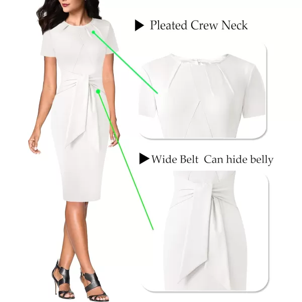 VFSHOW Womens Pleated Crew Neck Tie Waist Slim Wear to Work Office Party Bodycon Pencil DressOffwhite