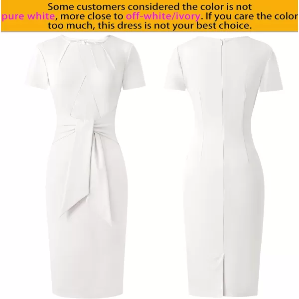 VFSHOW Womens Pleated Crew Neck Tie Waist Slim Wear to Work Office Party Bodycon Pencil DressOffwhite