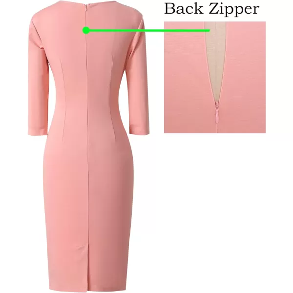 VFSHOW Womens Pleated Crew Neck Tie Waist Slim Wear to Work Office Party Bodycon Pencil DressPeach 34 Sleeve