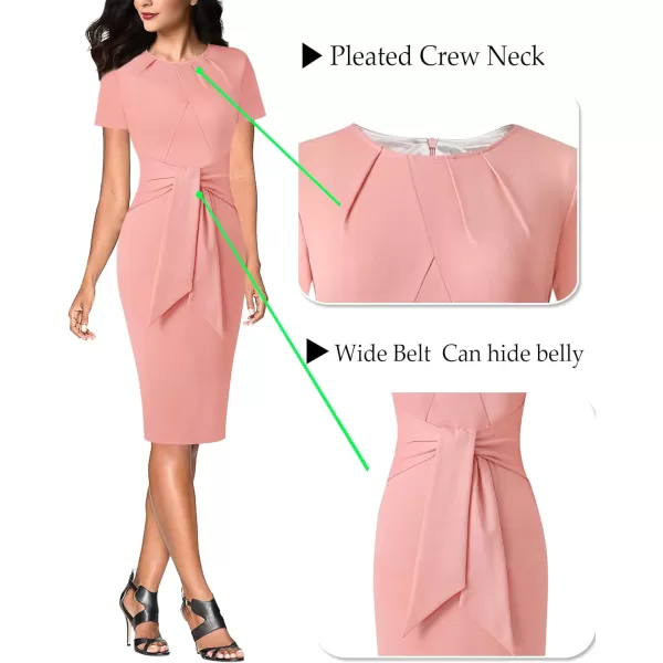 VFSHOW Womens Pleated Crew Neck Tie Waist Slim Wear to Work Office Party Bodycon Pencil DressPeach