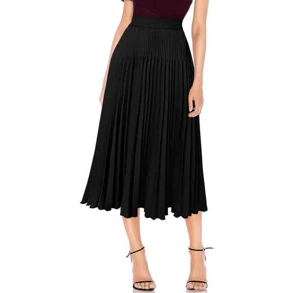 VFSHOW Womens Pleated Elastic High Waist Casual Work Business Office ALine Swing Midi SkirtBlack