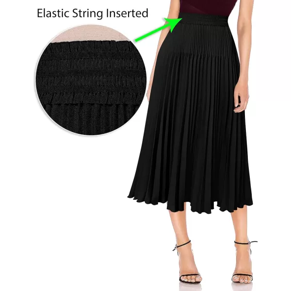 VFSHOW Womens Pleated Elastic High Waist Casual Work Business Office ALine Swing Midi SkirtBlack