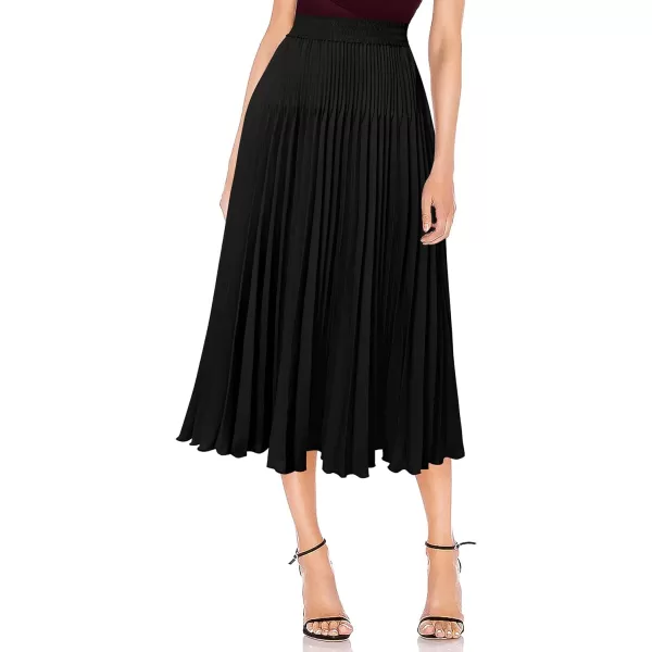 VFSHOW Womens Pleated Elastic High Waist Casual Work Business Office ALine Swing Midi SkirtBlack Aline2