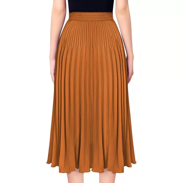 VFSHOW Womens Pleated Elastic High Waist Casual Work Business Office ALine Swing Midi SkirtBrown