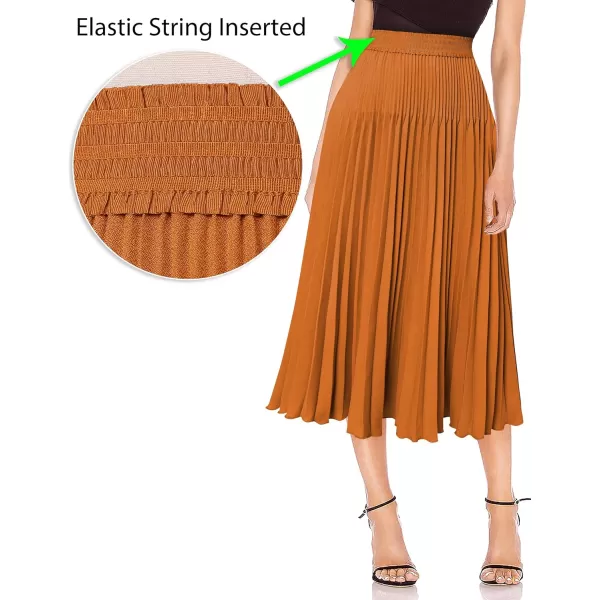 VFSHOW Womens Pleated Elastic High Waist Casual Work Business Office ALine Swing Midi SkirtBrown