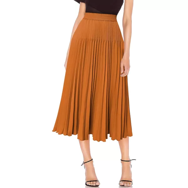 VFSHOW Womens Pleated Elastic High Waist Casual Work Business Office ALine Swing Midi SkirtBrown