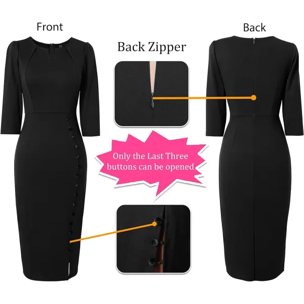 VFSHOW Womens Pleated Notch V Neck Buttons Split Work Office Business Bodycon Slim Pencil Sheath DressBlack 34 Sleeve2