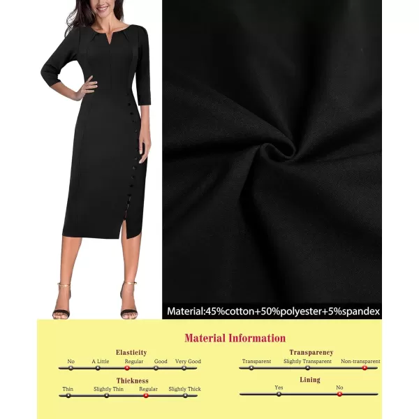 VFSHOW Womens Pleated Notch V Neck Buttons Split Work Office Business Bodycon Slim Pencil Sheath DressBlack 34 Sleeve2