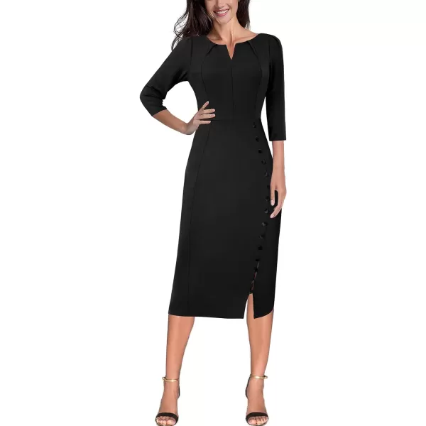 VFSHOW Womens Pleated Notch V Neck Buttons Split Work Office Business Bodycon Slim Pencil Sheath DressBlack 34 Sleeve2