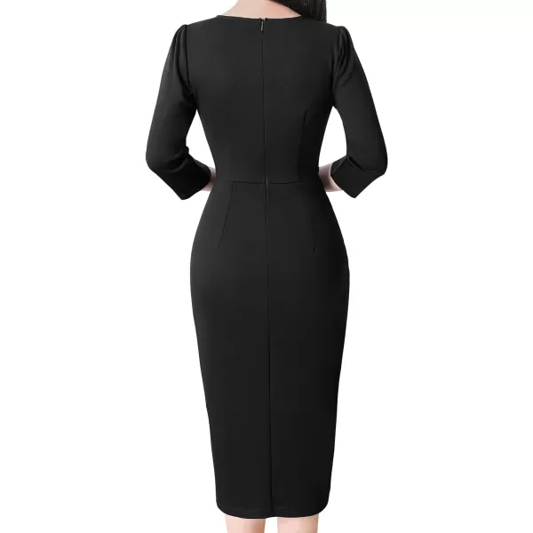 VFSHOW Womens Pleated Notch V Neck Buttons Split Work Office Business Bodycon Slim Pencil Sheath DressBlack 34 Sleeve2