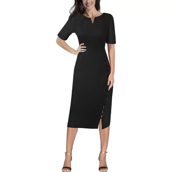 VFSHOW Womens Pleated Notch V Neck Buttons Split Work Office Business Bodycon Slim Pencil Sheath DressBlack Short Sleeve4