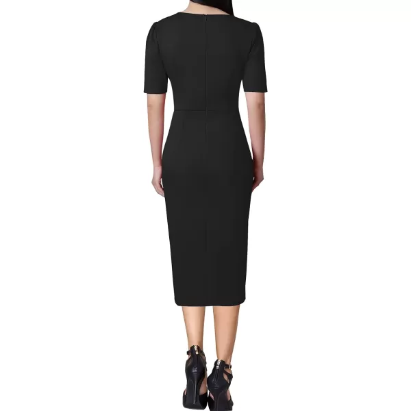 VFSHOW Womens Pleated Notch V Neck Buttons Split Work Office Business Bodycon Slim Pencil Sheath DressBlack Short Sleeve4