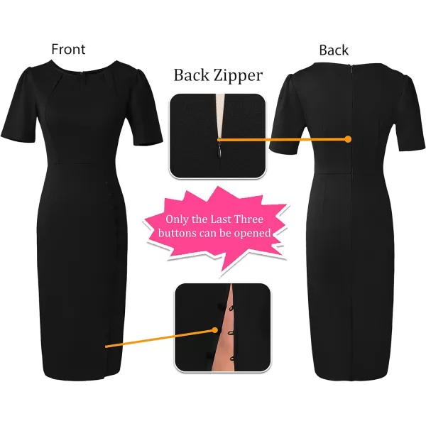 VFSHOW Womens Pleated Notch V Neck Buttons Split Work Office Business Bodycon Slim Pencil Sheath DressBlack Short Sleeve4