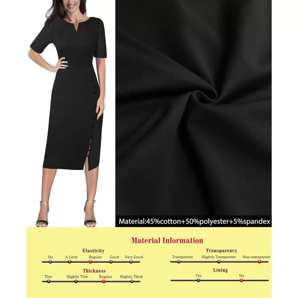 VFSHOW Womens Pleated Notch V Neck Buttons Split Work Office Business Bodycon Slim Pencil Sheath DressBlack Short Sleeve4