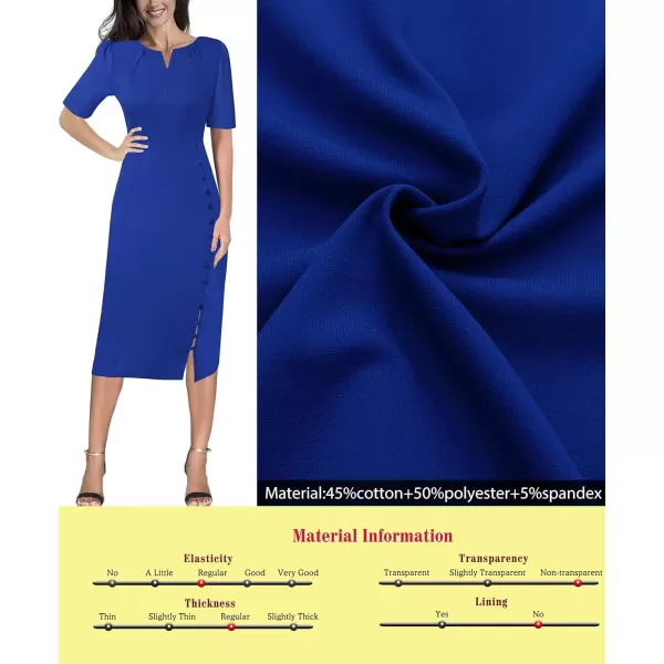 VFSHOW Womens Pleated Notch V Neck Buttons Split Work Office Business Bodycon Slim Pencil Sheath DressBlue