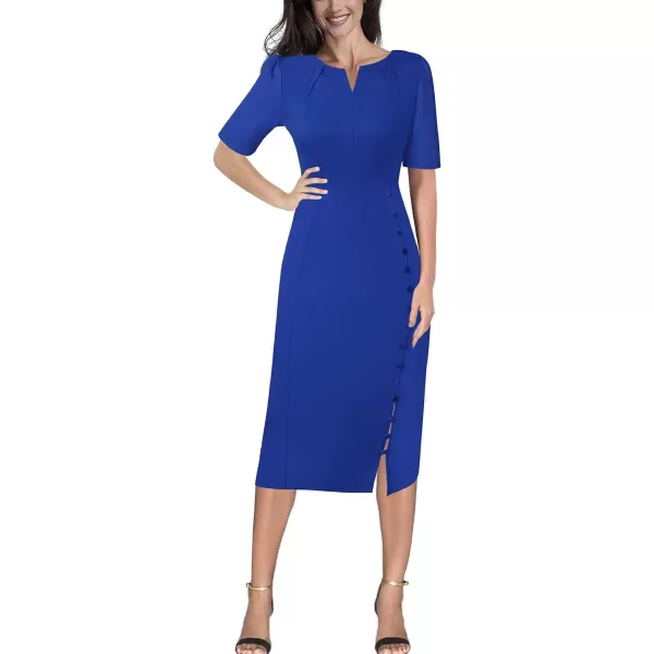 VFSHOW Womens Pleated Notch V Neck Buttons Split Work Office Business Bodycon Slim Pencil Sheath DressBlue