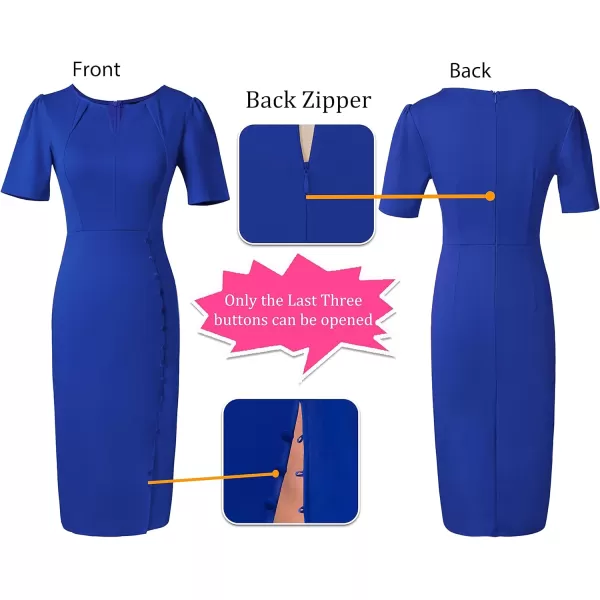 VFSHOW Womens Pleated Notch V Neck Buttons Split Work Office Business Bodycon Slim Pencil Sheath DressBlue