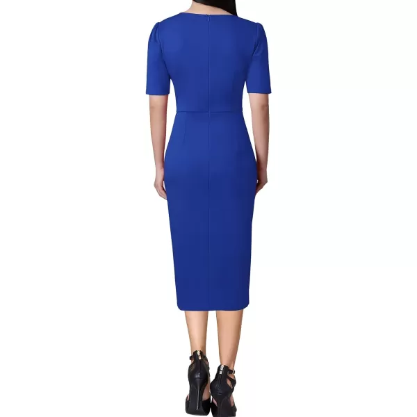 VFSHOW Womens Pleated Notch V Neck Buttons Split Work Office Business Bodycon Slim Pencil Sheath DressBlue