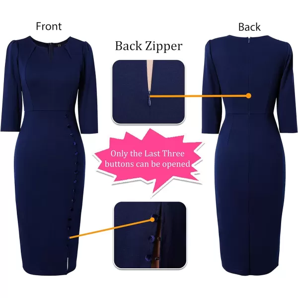 VFSHOW Womens Pleated Notch V Neck Buttons Split Work Office Business Bodycon Slim Pencil Sheath DressDark Blue 34 Sleeve