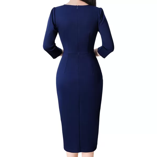 VFSHOW Womens Pleated Notch V Neck Buttons Split Work Office Business Bodycon Slim Pencil Sheath DressDark Blue 34 Sleeve