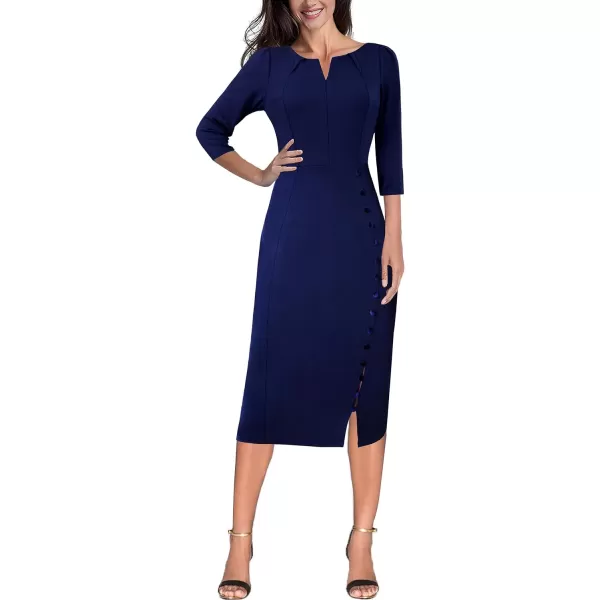 VFSHOW Womens Pleated Notch V Neck Buttons Split Work Office Business Bodycon Slim Pencil Sheath DressDark Blue 34 Sleeve