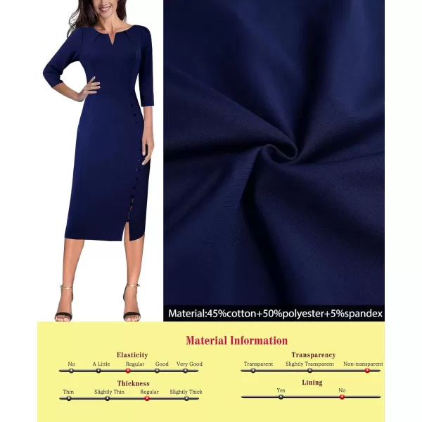 VFSHOW Womens Pleated Notch V Neck Buttons Split Work Office Business Bodycon Slim Pencil Sheath DressDark Blue 34 Sleeve