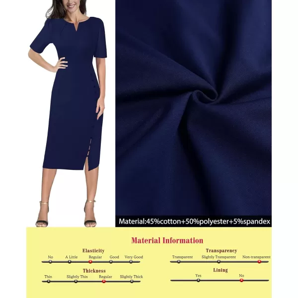 VFSHOW Womens Pleated Notch V Neck Buttons Split Work Office Business Bodycon Slim Pencil Sheath DressDark Blue Short Sleeve2