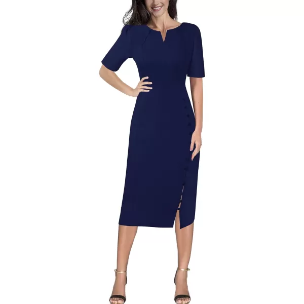 VFSHOW Womens Pleated Notch V Neck Buttons Split Work Office Business Bodycon Slim Pencil Sheath DressDark Blue Short Sleeve2