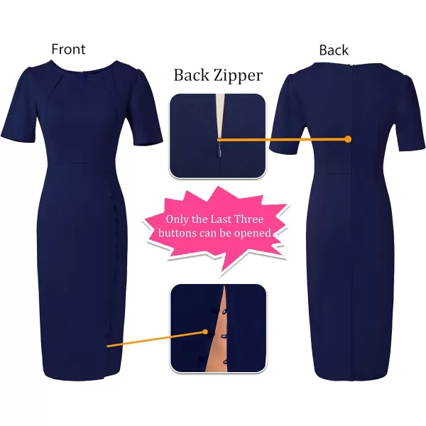 VFSHOW Womens Pleated Notch V Neck Buttons Split Work Office Business Bodycon Slim Pencil Sheath DressDark Blue Short Sleeve2