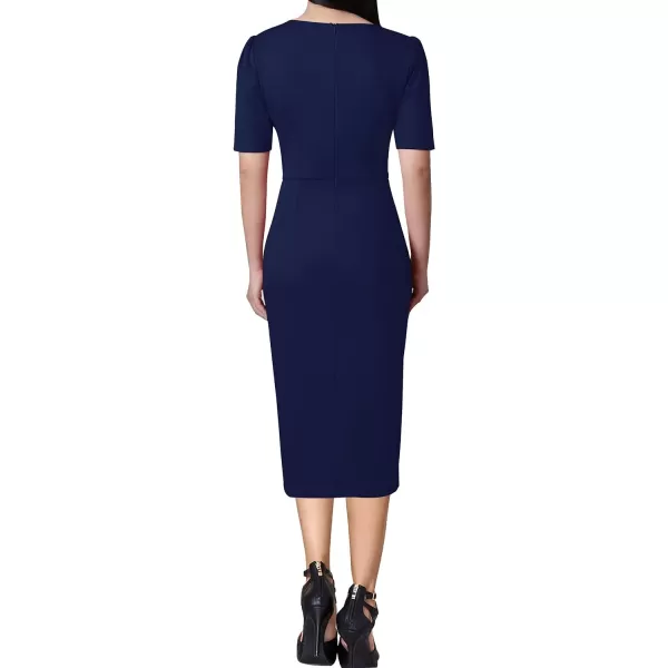 VFSHOW Womens Pleated Notch V Neck Buttons Split Work Office Business Bodycon Slim Pencil Sheath DressDark Blue Short Sleeve2