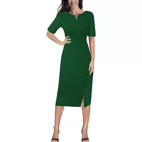 VFSHOW Womens Pleated Notch V Neck Buttons Split Work Office Business Bodycon Slim Pencil Sheath DressGreen2