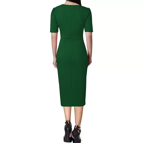 VFSHOW Womens Pleated Notch V Neck Buttons Split Work Office Business Bodycon Slim Pencil Sheath DressGreen2