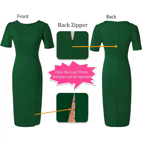 VFSHOW Womens Pleated Notch V Neck Buttons Split Work Office Business Bodycon Slim Pencil Sheath DressGreen2