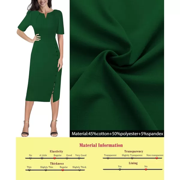 VFSHOW Womens Pleated Notch V Neck Buttons Split Work Office Business Bodycon Slim Pencil Sheath DressGreen2