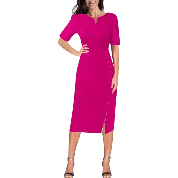 VFSHOW Womens Pleated Notch V Neck Buttons Split Work Office Business Bodycon Slim Pencil Sheath DressHot Pink