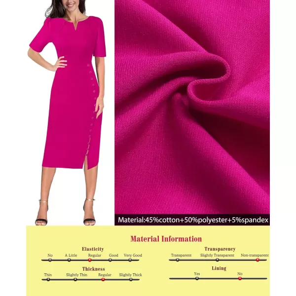 VFSHOW Womens Pleated Notch V Neck Buttons Split Work Office Business Bodycon Slim Pencil Sheath DressHot Pink