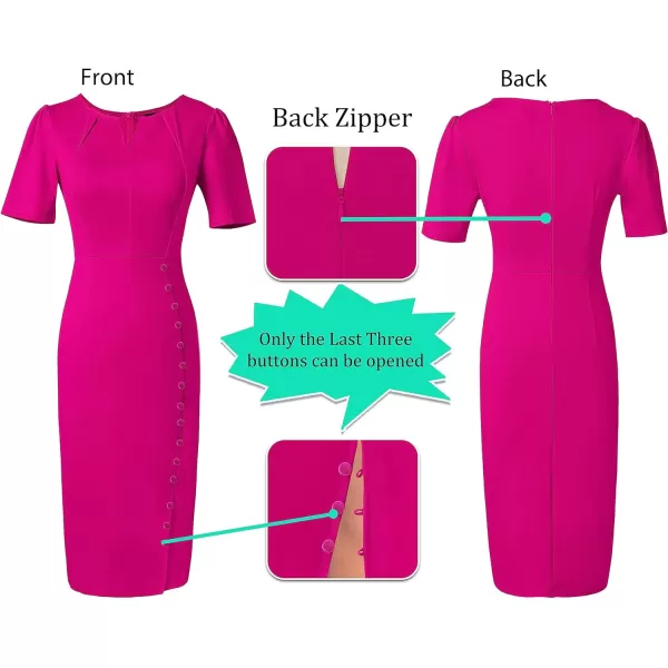 VFSHOW Womens Pleated Notch V Neck Buttons Split Work Office Business Bodycon Slim Pencil Sheath DressHot Pink