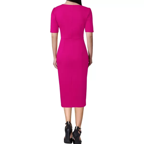 VFSHOW Womens Pleated Notch V Neck Buttons Split Work Office Business Bodycon Slim Pencil Sheath DressHot Pink