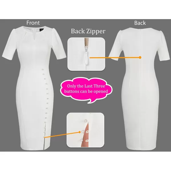 VFSHOW Womens Pleated Notch V Neck Buttons Split Work Office Business Bodycon Slim Pencil Sheath DressOffwhite