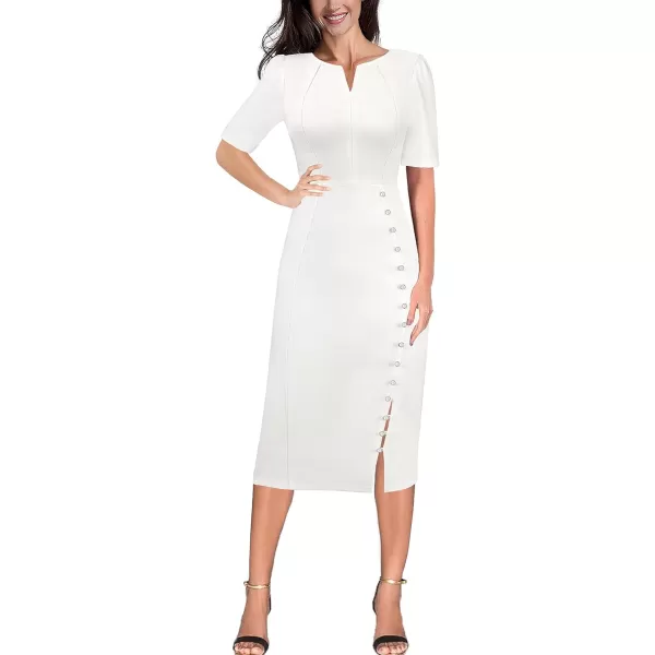 VFSHOW Womens Pleated Notch V Neck Buttons Split Work Office Business Bodycon Slim Pencil Sheath DressOffwhite