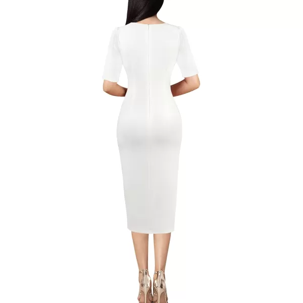 VFSHOW Womens Pleated Notch V Neck Buttons Split Work Office Business Bodycon Slim Pencil Sheath DressOffwhite