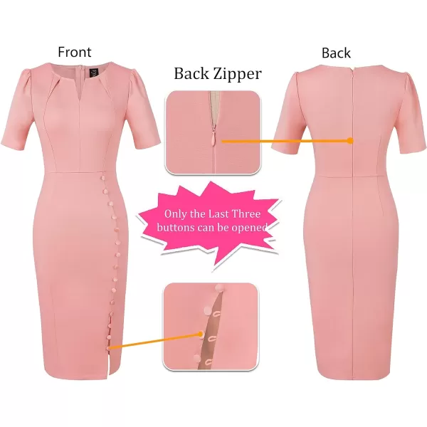 VFSHOW Womens Pleated Notch V Neck Buttons Split Work Office Business Bodycon Slim Pencil Sheath DressPeach Pink